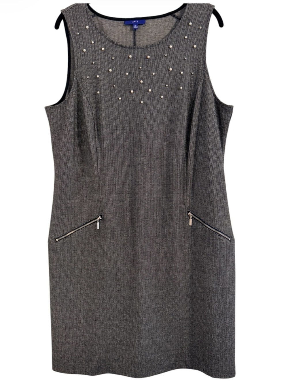 Apt. 9 Grey Herringbone Shift Dress Pearl Studded Sleeveless Size XL